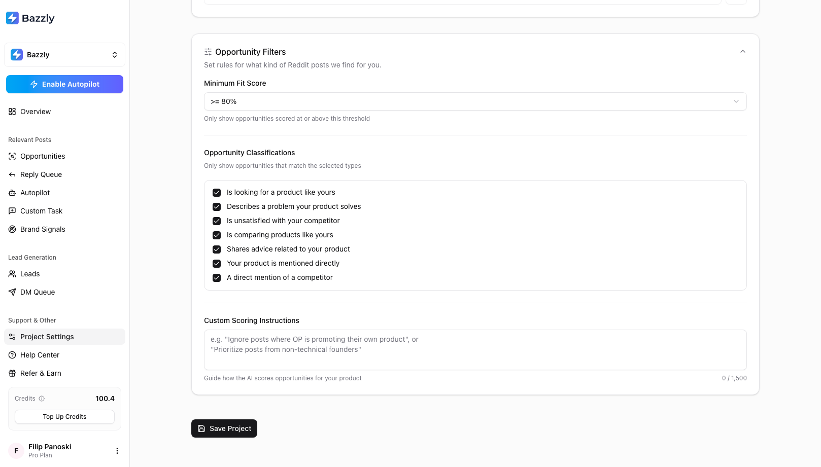 The Opportunity Filters section with Minimum Fit Score, Opportunity Classifications checkboxes and Custom Scoring Instructions
