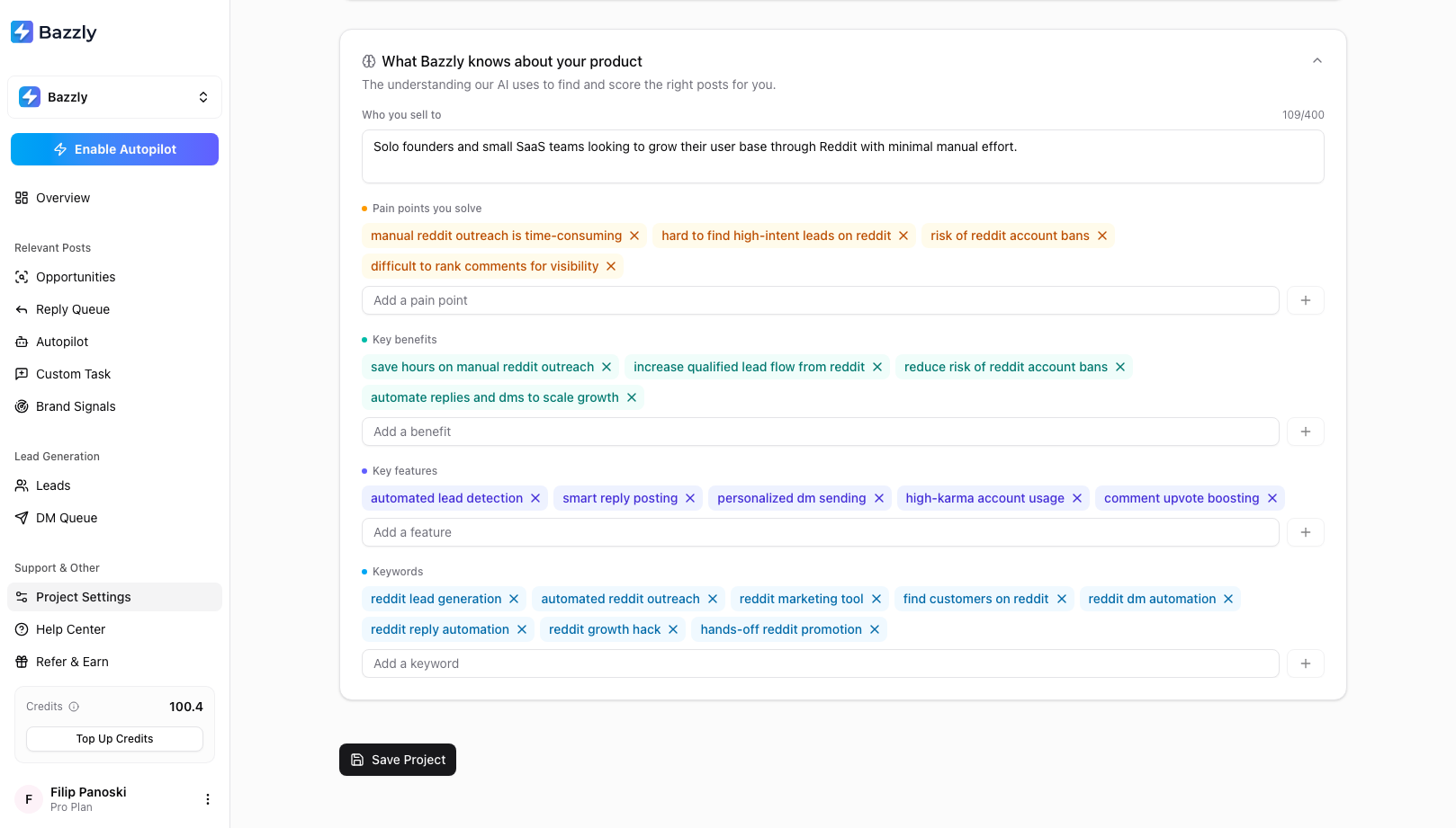 The expanded What Bazzly knows about your product section showing who you sell to, pain points, key benefits, key features and keywords