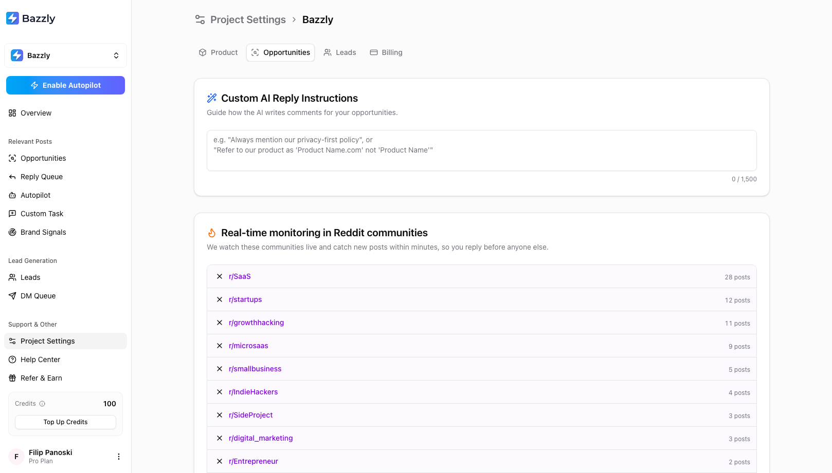 The Opportunities tab showing Custom AI Reply Instructions and the list of monitored subreddits